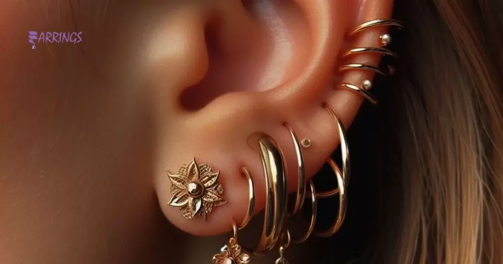 3 Earrings In One Ear Gold